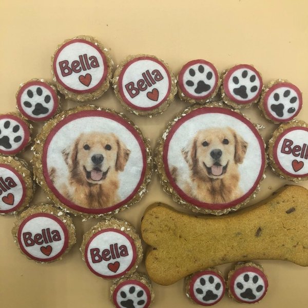 Leinensäckchen mit Hundefoto & bedruckten Keksen