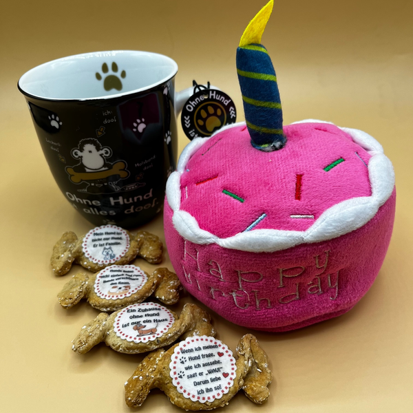 Geschenkbox mit Tasse " Ohne Hund ist alles doof" & bedruckte Kekse & Spielzeug
